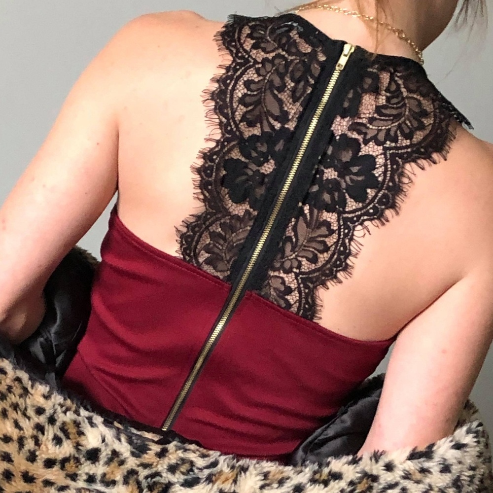 Garnet Crop Top with Black Lace & Zipper Back